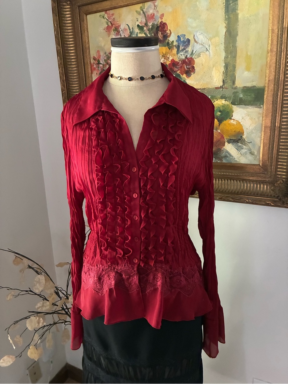Y2K Whimsigoth Ruffle Crinkle Lace Button Down Blouse Size Large